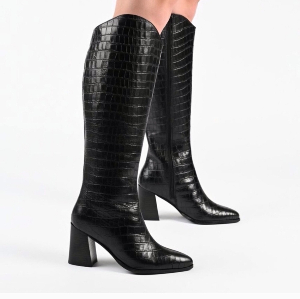 Journee Tru Comfort Form Black Leather Croc Embossed Knee High Boots
